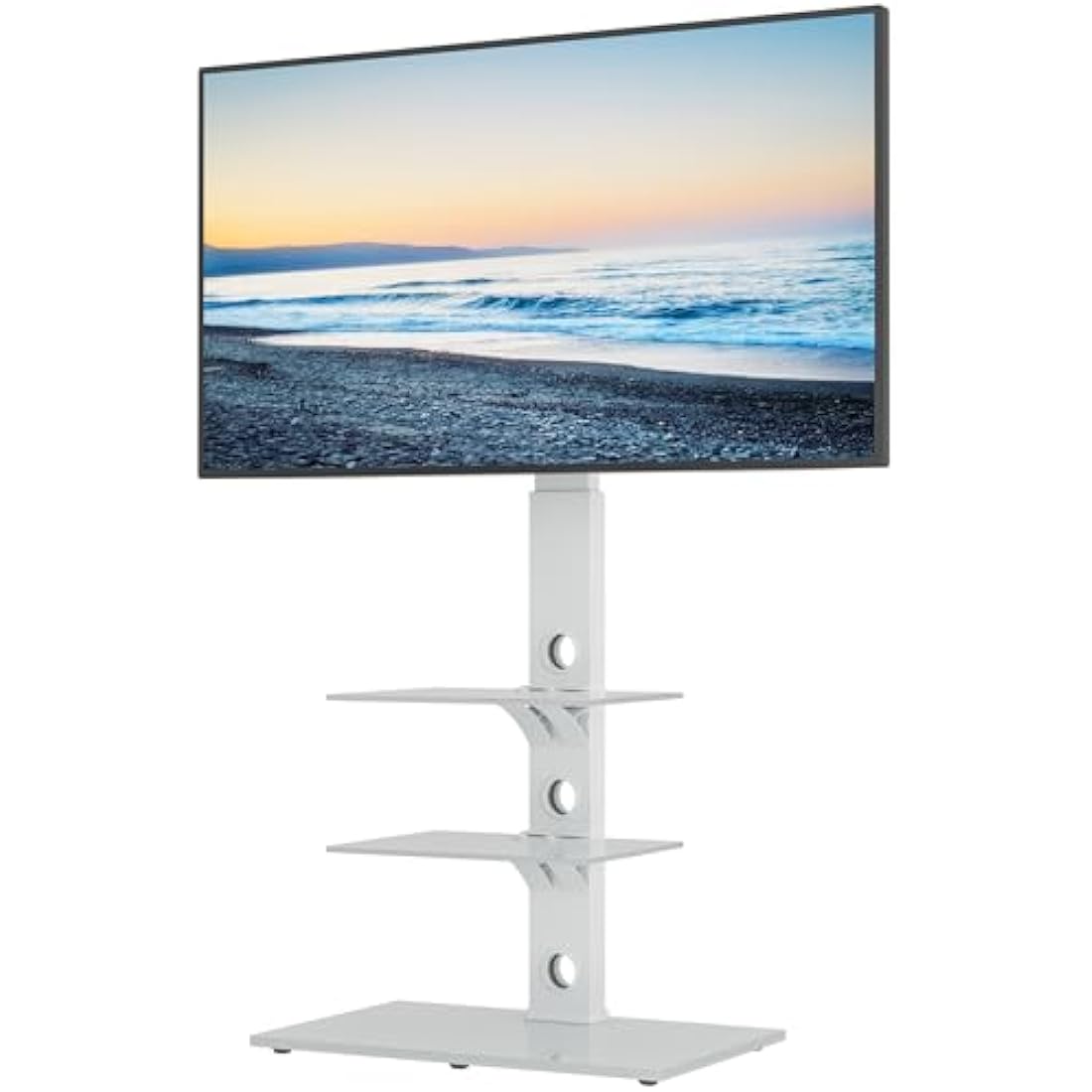BONTEC Universal Floor TV Stand | 30-70 inch | 3-Tier Glass Shelves (White)