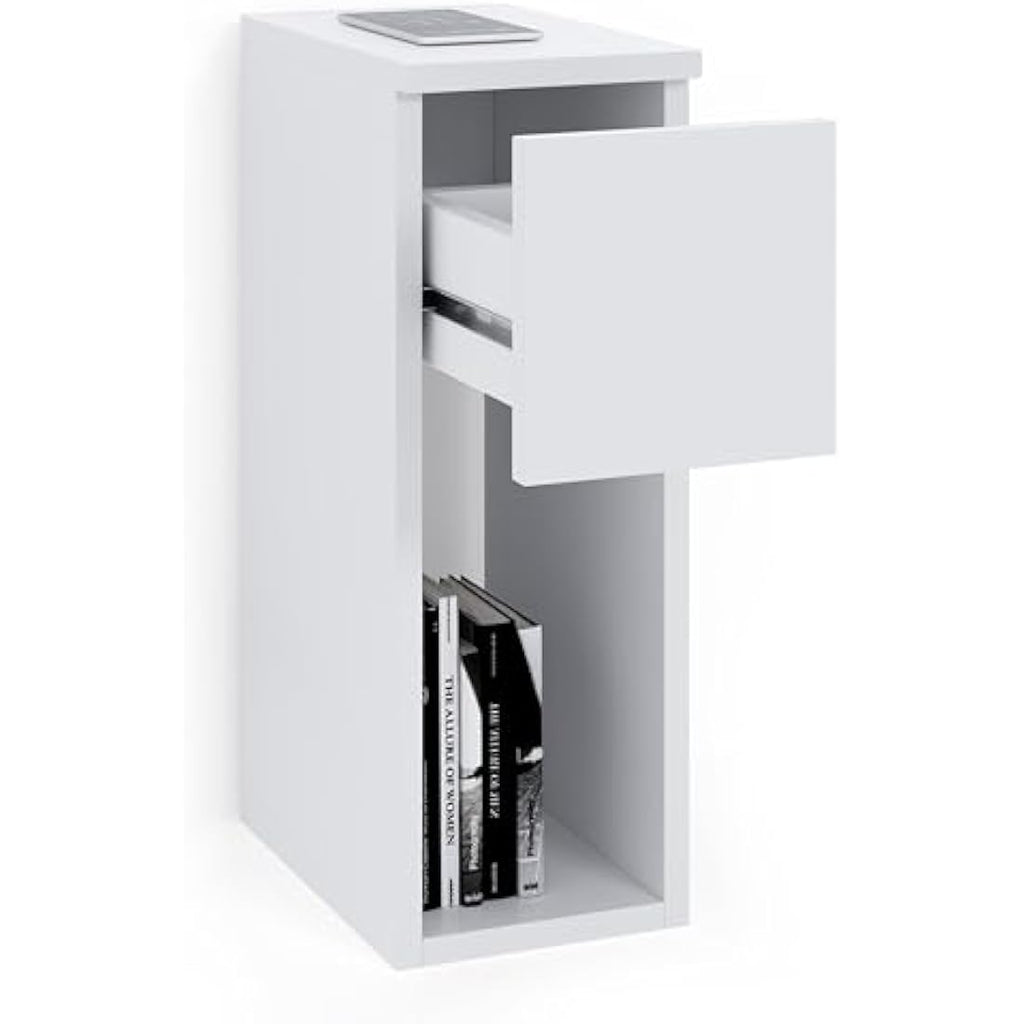 Jolof Store Narrow Bedside Table – Slim White End Table with Drawer