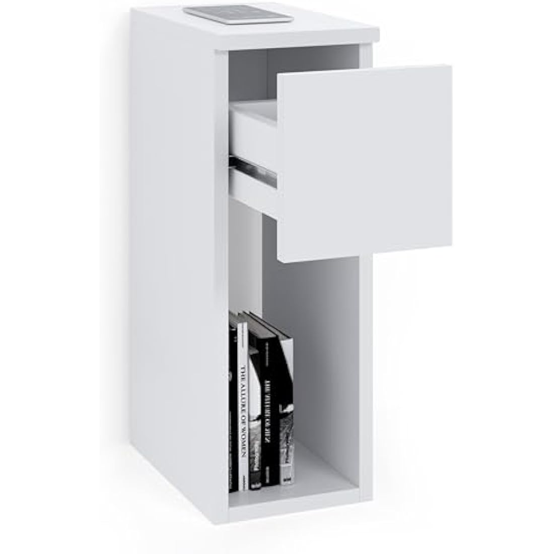 Jolof Store Narrow Bedside Table – Slim White End Table with Drawer