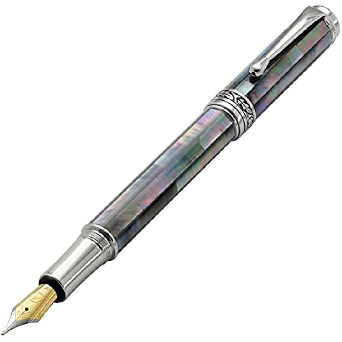 Xezo Maestro Fountain Pen – Black Mother of Pearl & Platinum, Medium Nib