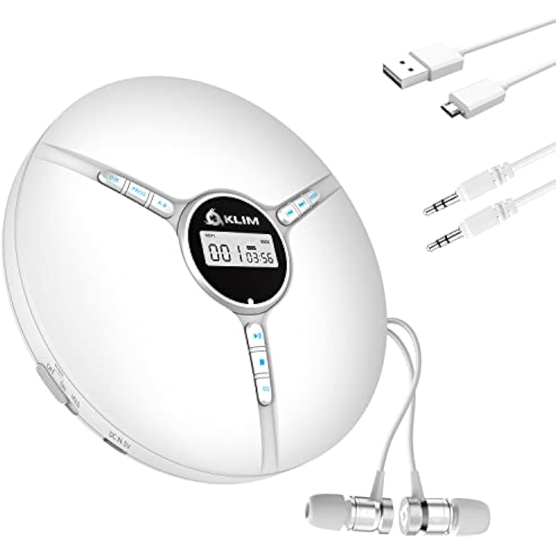 KLIM Discman Portable CD Player with Rechargeable Battery & Earbuds – White