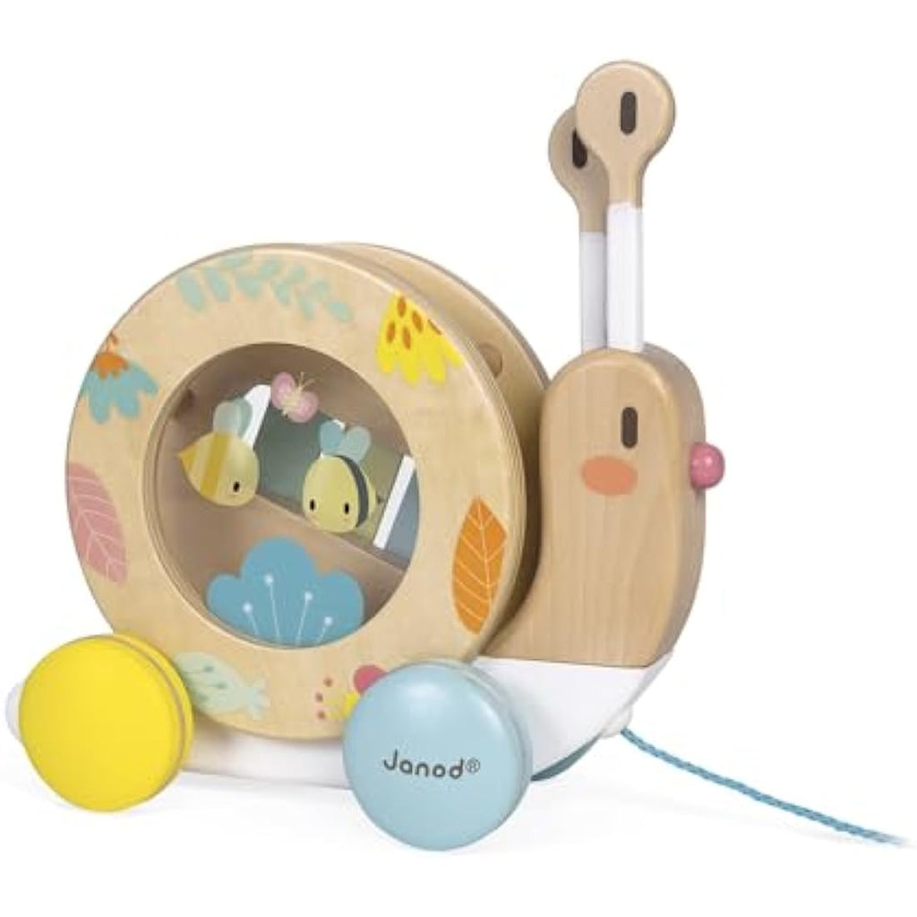 Janod Pure Wooden Pull-Along Snail | Musical Xylophone & Tambourine Toy