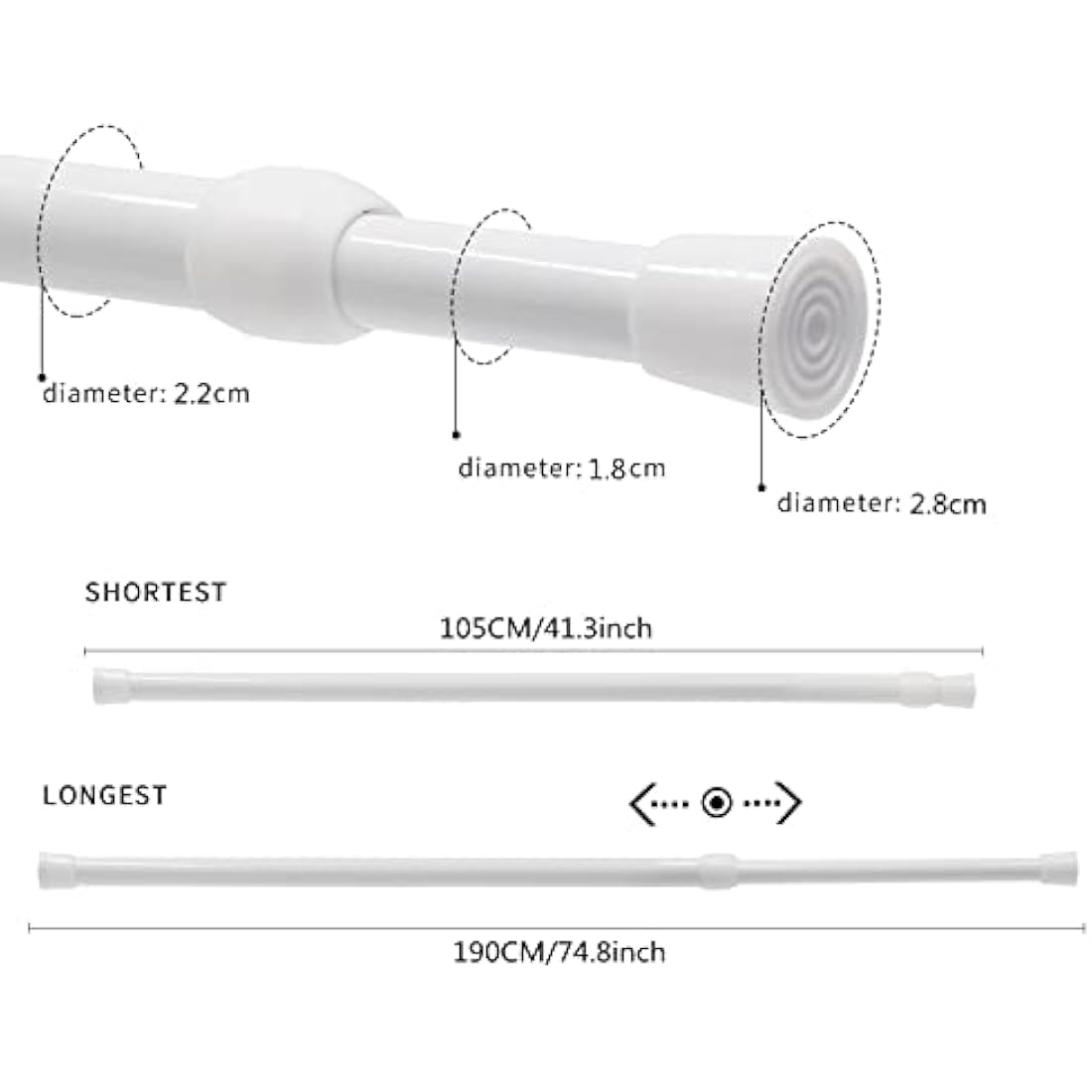 No-Drill Extendable Tension Curtain Rods, 105-190cm, 2 Pack