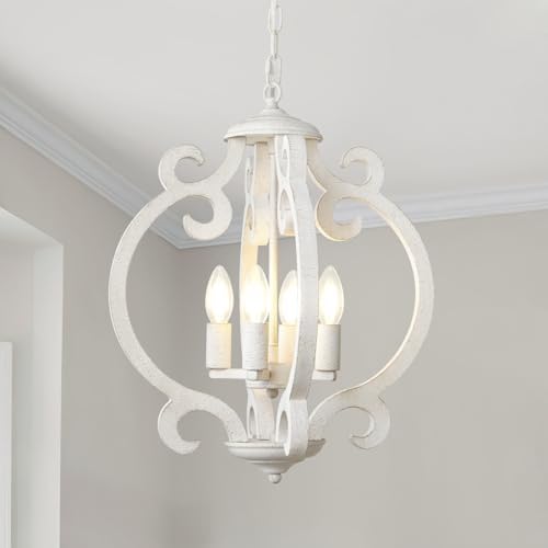 LynPon 4-Light White Farmhouse Chandelier | Rustic French Wood Pendant