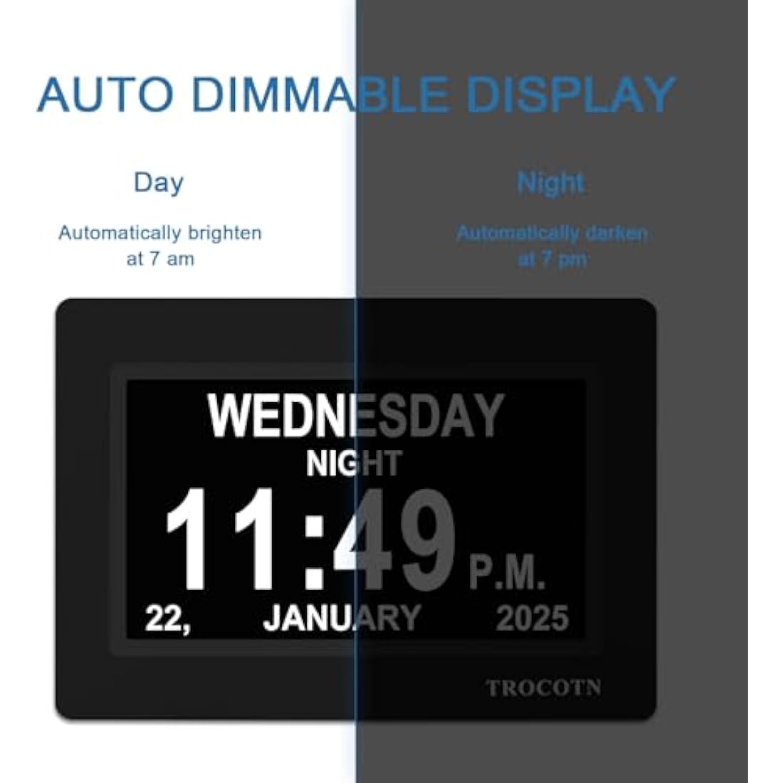 TROCOTN 7-Inch Digital Calendar Clock for Elderly – Large Day Date Display