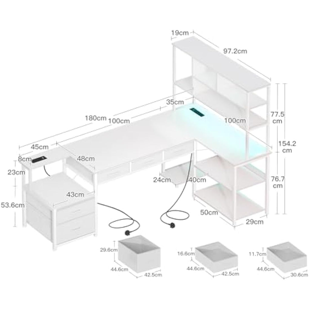 Coleshome L-Shaped Computer Desk with LED Lights & 5 Drawers, White