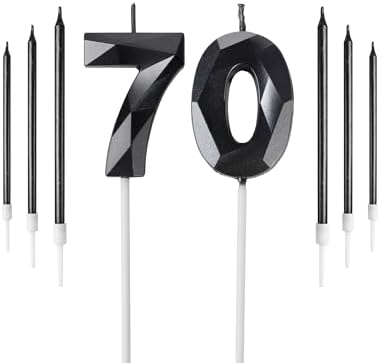 70th Birthday Candles – Black and Gold Number 70 Cake Topper