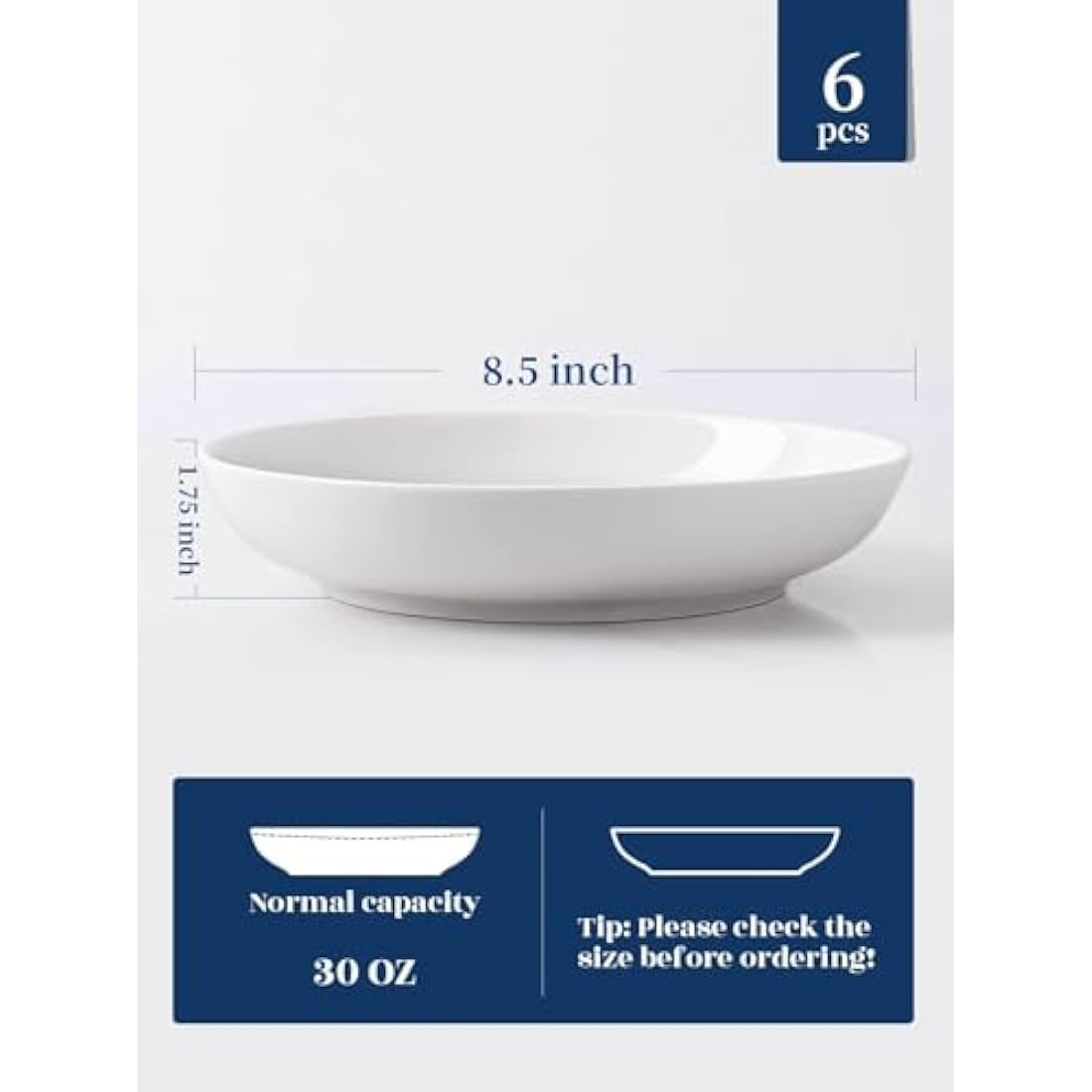 Y YHY 30oz Porcelain Pasta Bowls - Set of 6 White Ceramic Salad Soup Bowls