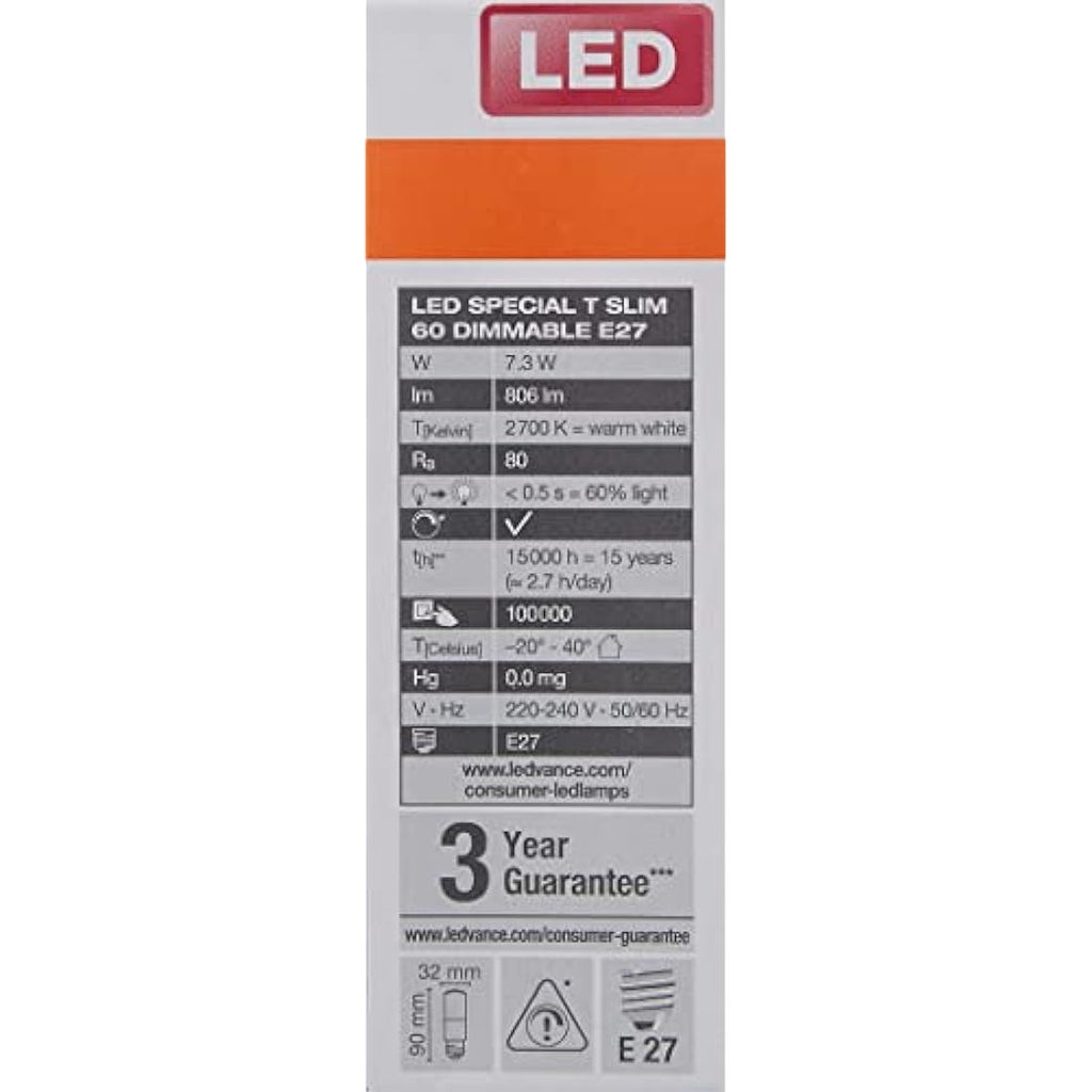 OSRAM LED Superstar Special T Slim E27 Dimmable Bulb, 60W Replacement, 6-Pack