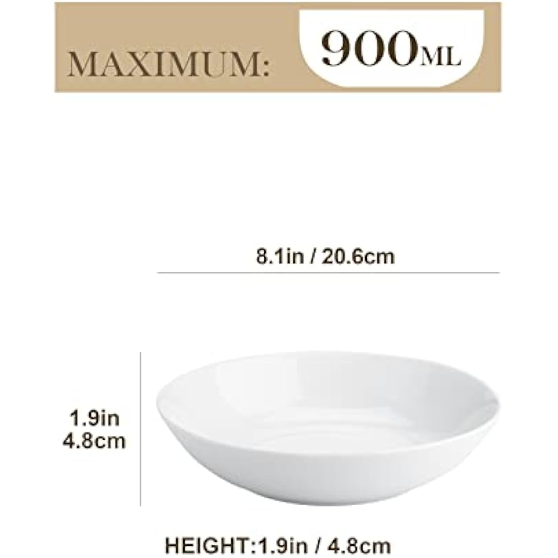 MALACASA 8" Porcelain Pasta Bowls - Set of 4 White Ceramic Salad Soup Bowls