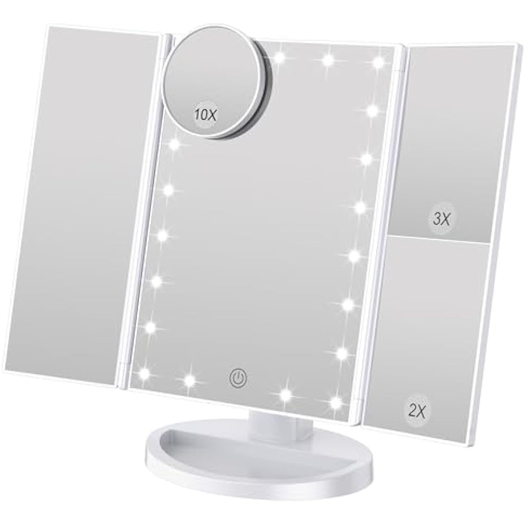 WEILY Tri-fold LED Makeup Mirror | 2X/3X Magnification Vanity Mirror - White