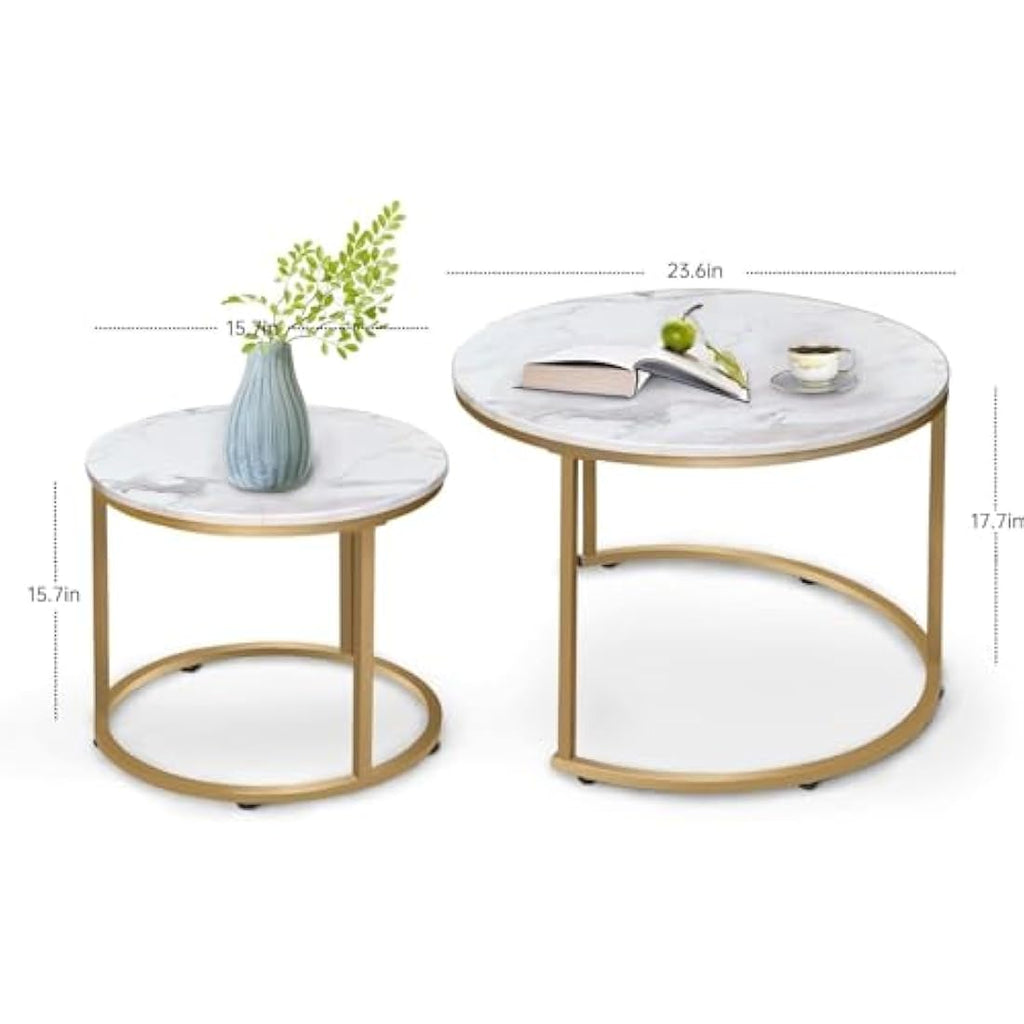 Round Nesting Coffee Tables - Set of 2 White Marble & Gold