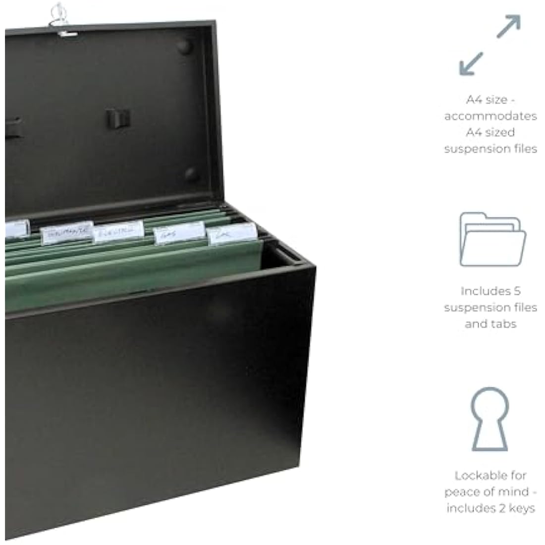 Cathedral A4 Steel File Box with 5 Suspension Files & Lock – Black