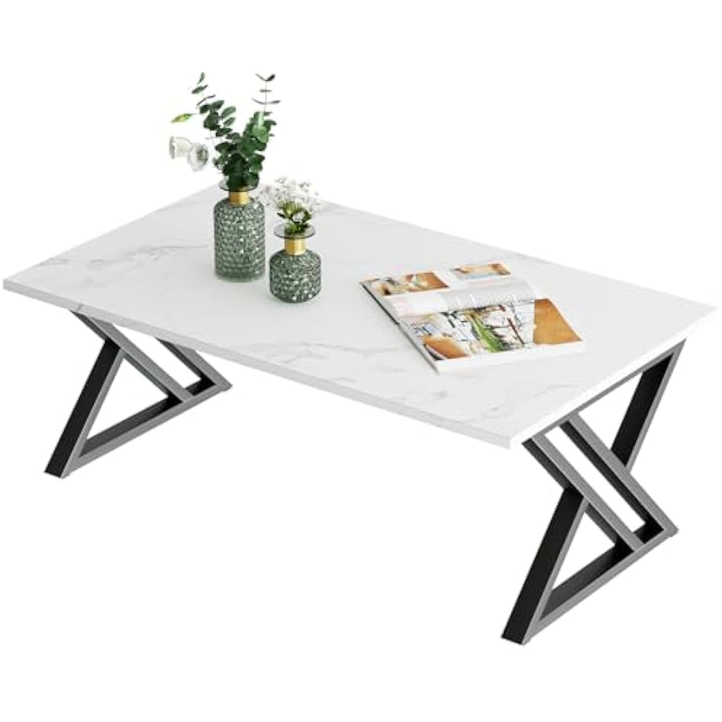 Modern Rectangular Coffee Table | Black Metal Frame, White
