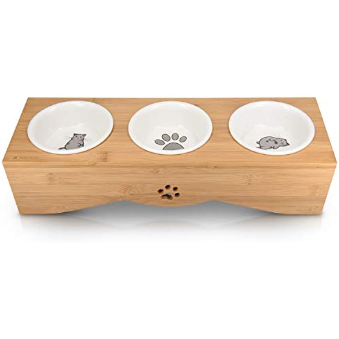 Navaris Elevated Triple Cat Bowls - Ceramic Feeder with Bamboo Stand