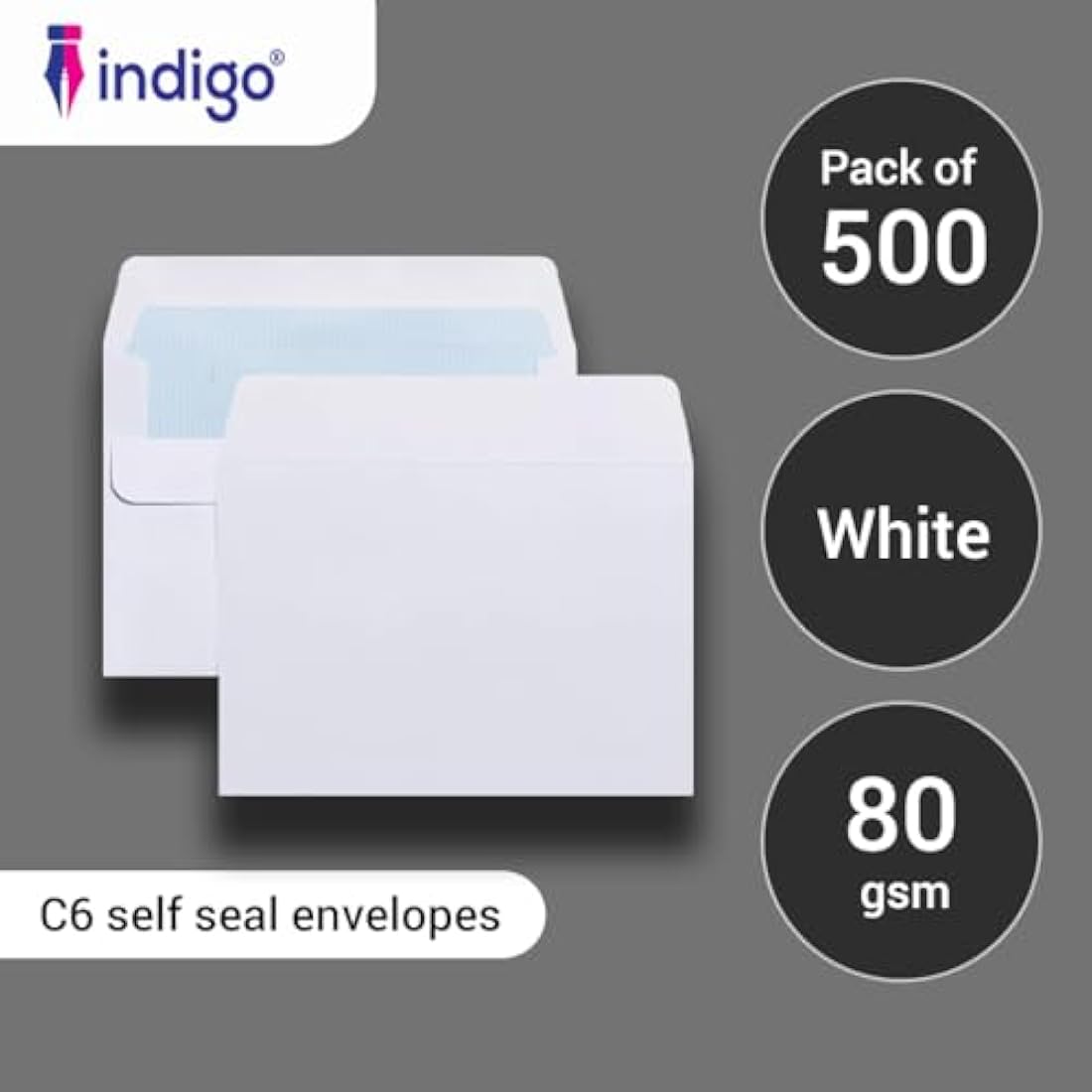 Indigo C6 White Peel & Seal Envelopes – 114 x 162mm (Pack of 500)