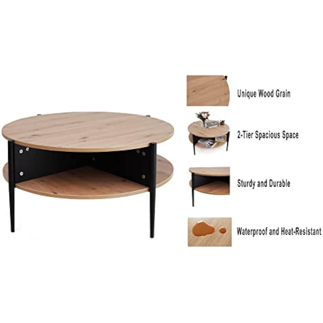 Round Wood Coffee Table – 2-Tier Industrial Sofa Table
