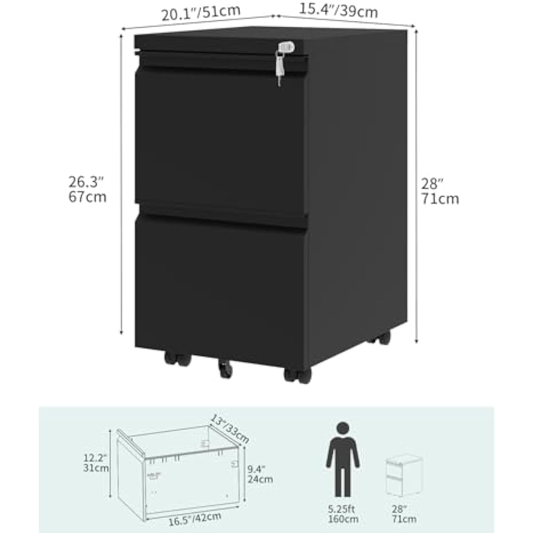 YITAHOME 2-Drawer Mobile Filing Cabinet | Lockable Steel File Storage