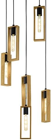 Eglo Littleton 6-Light Industrial Pendant Lamp - Wood & Black Steel