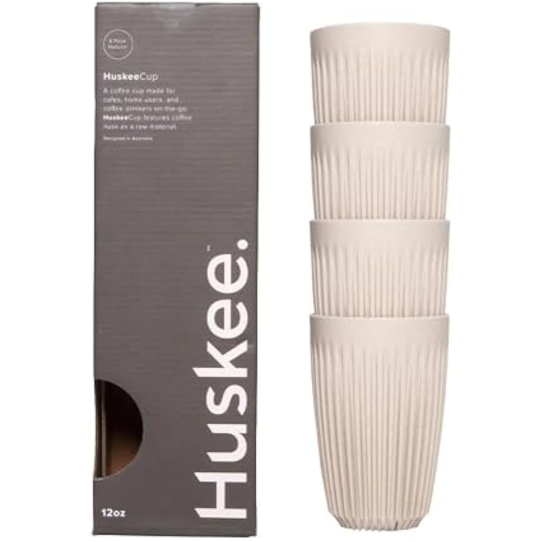 HuskeeCup Reusable Coffee Mug - 12oz Natural Eco-Friendly Cup (4-Pack)
