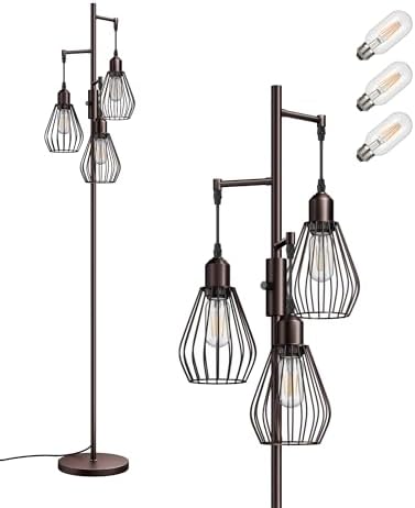 EDISHINE Industrial Dimmable Floor Lamp | 3-Light Tree Standing Lamp