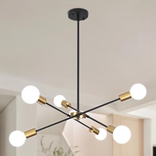QAREHL 6-Arm Sputnik Chandelier – Modern Black and Gold Ceiling Light
