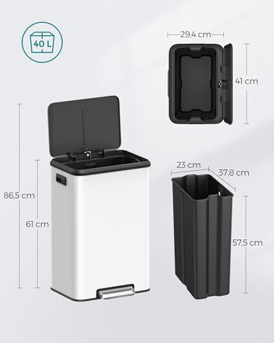 Songmics 40L Kitchen Pedal Bin | Soft Close Steel Rubbish Bin - White