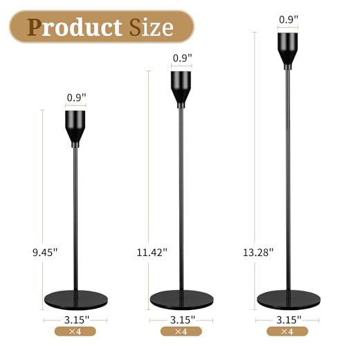 Black Metal Taper Candlestick Holders - Set of 12 for Weddings