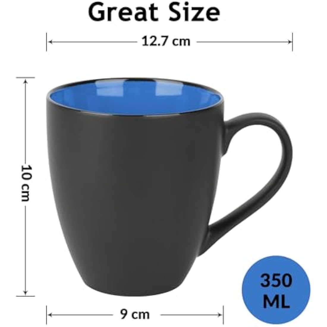 MIAMIO Stoneware Coffee Mug Set - 6 Piece 350ml Matte Black & Blue