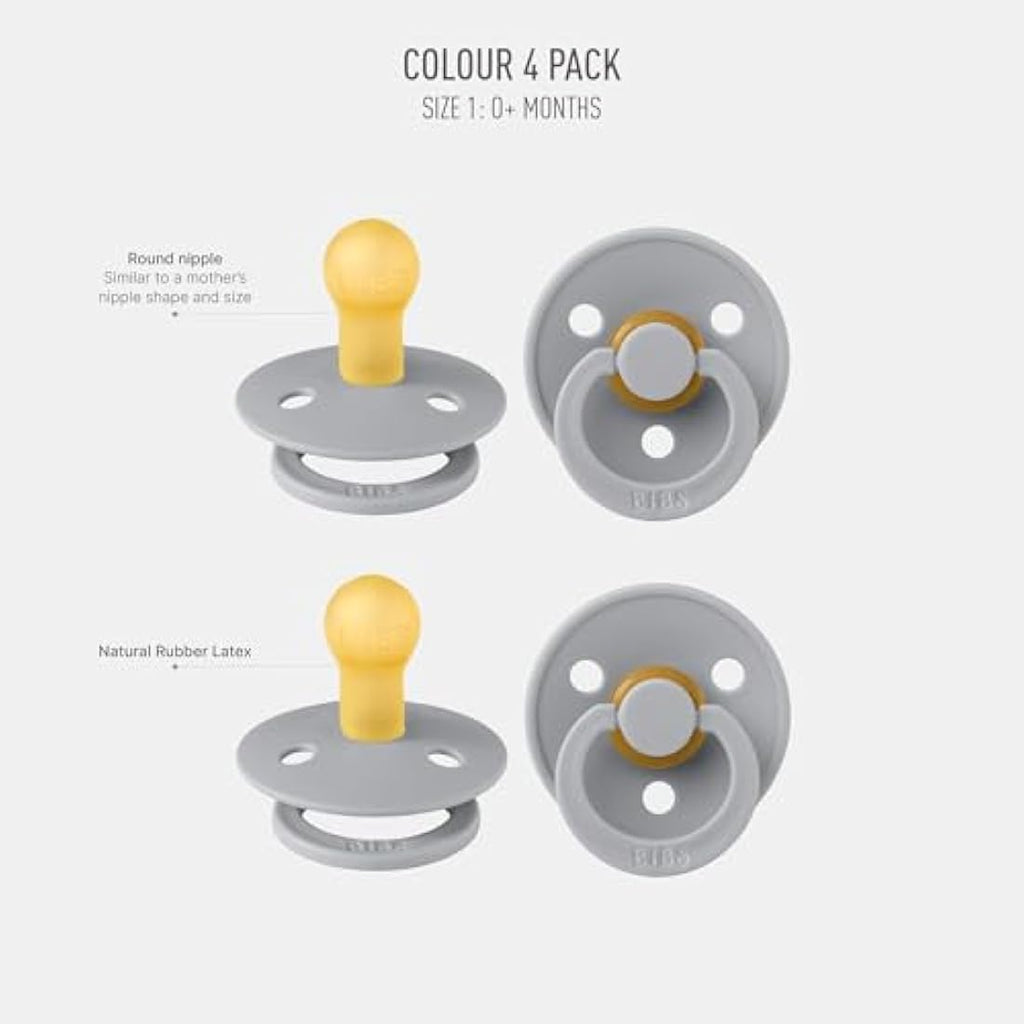 BIBS Colour Pacifier 4-Pack | Natural Rubber Latex Soothers, Size 1