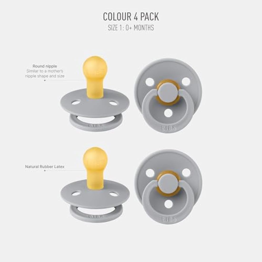 BIBS Colour Pacifier 4-Pack | Natural Rubber Latex Soothers, Size 1
