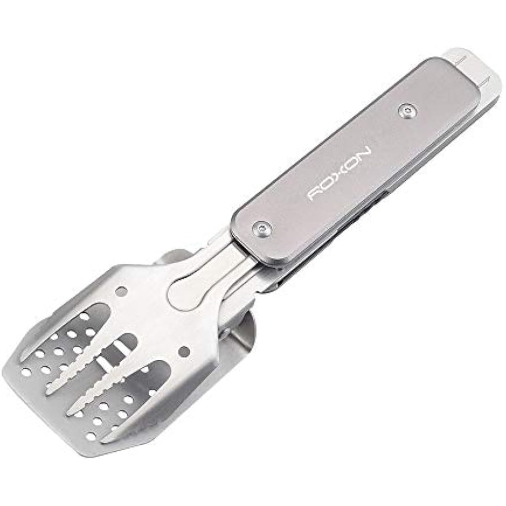 ROXON 4-in-1 BBQ Tool Set | Stainless Steel Spatula, Fork & Tongs – Grey