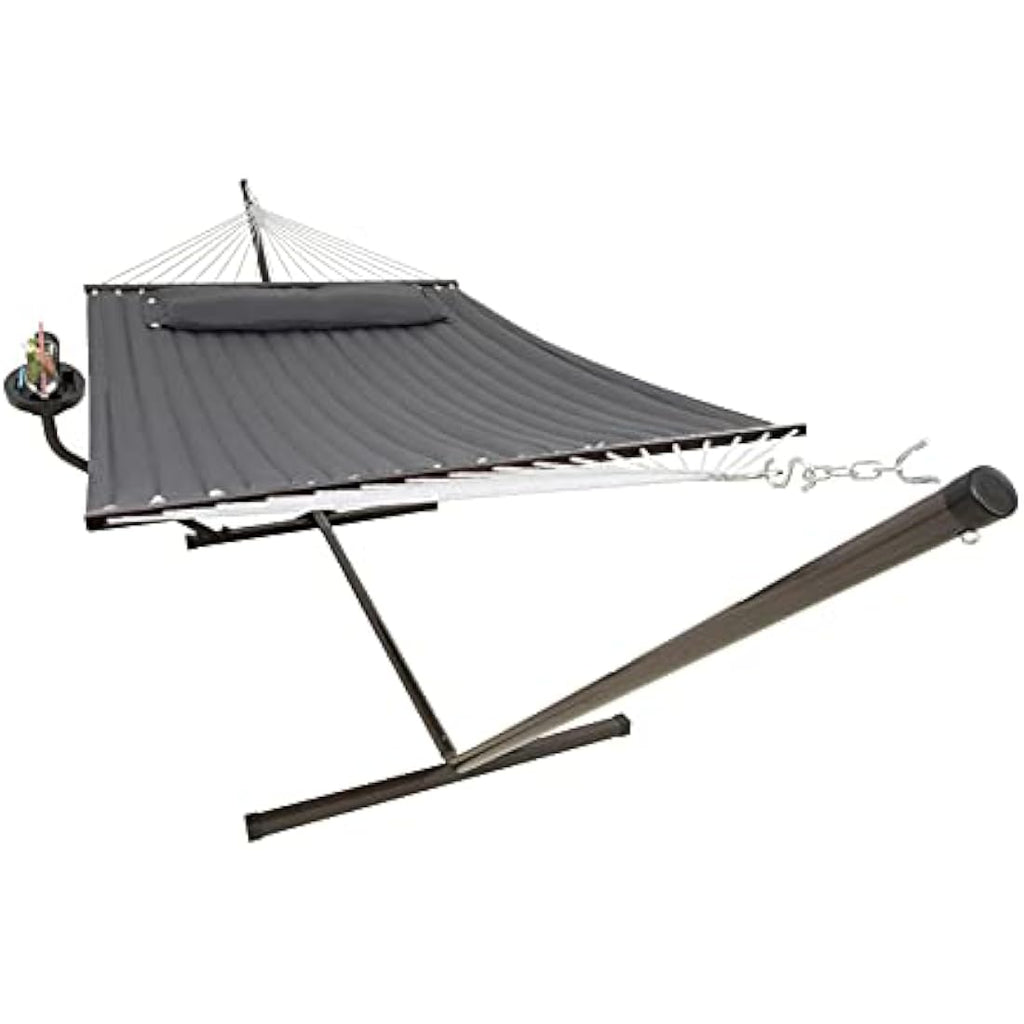 Vita5 Double Hammock with Heavy Duty Stand, Side Table & Pillow - Dark Grey