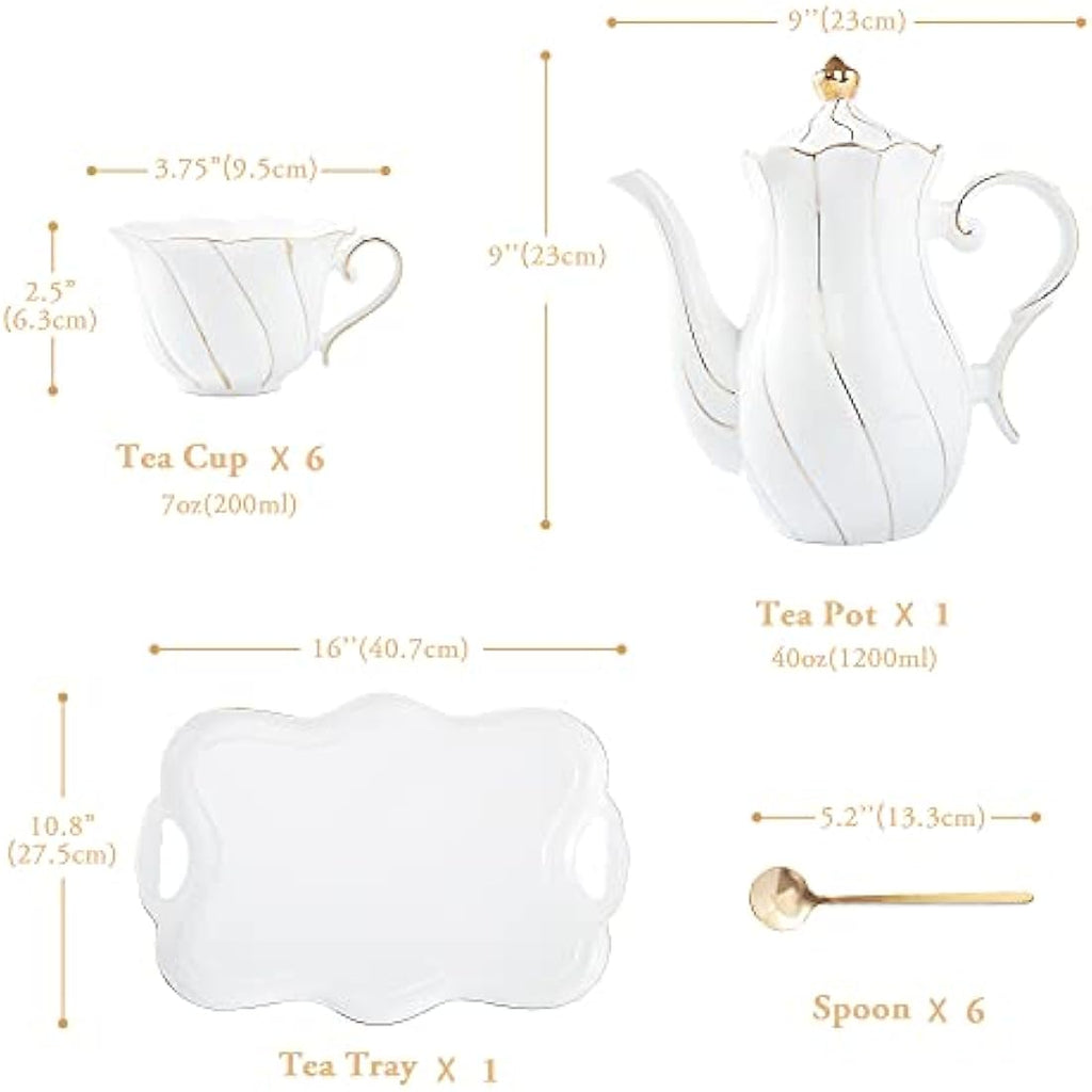 DUJUST 14-Piece Porcelain Tea Set | British Style White & Gold Luxury Set