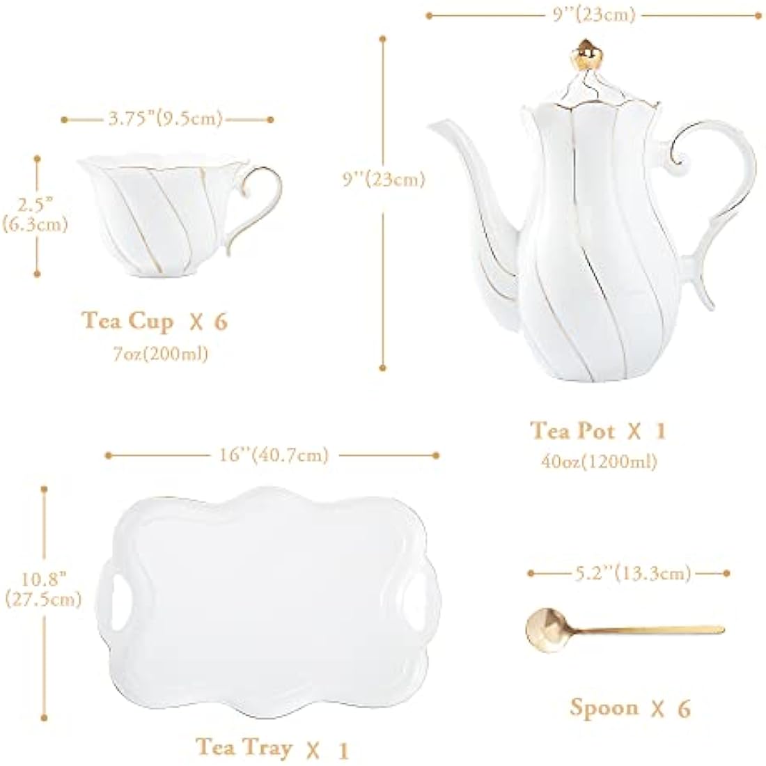 DUJUST 14-Piece Porcelain Tea Set | British Style White & Gold Luxury Set