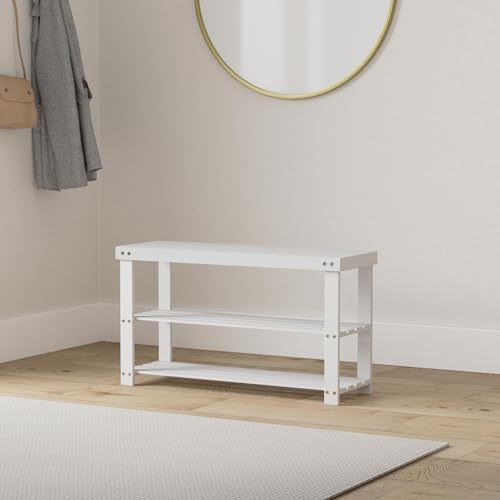 SMIBUY 3-Tier Bamboo Shoe Rack Bench – White Entryway Storage Organizer
