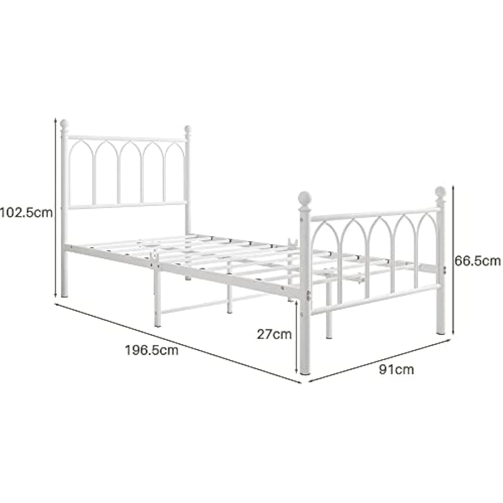 JELUTE Single Metal Bed Frame with Headboard and Footboard - White