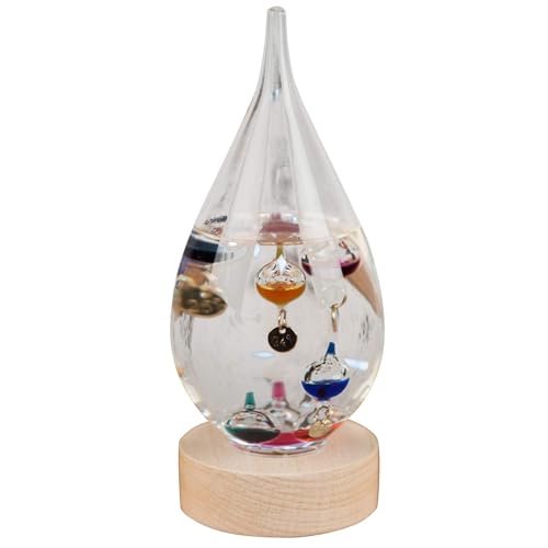 Widdop Galileo Thermometer – Tear Drop Glass on Wooden Stand, 19.5cm