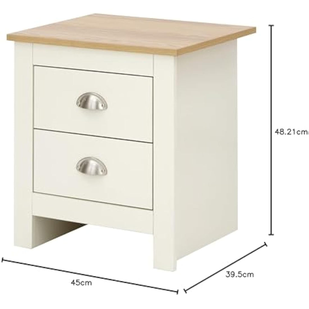 Lancaster Bedside Cabinet – Cream with Oak Top 2-Drawer Storage