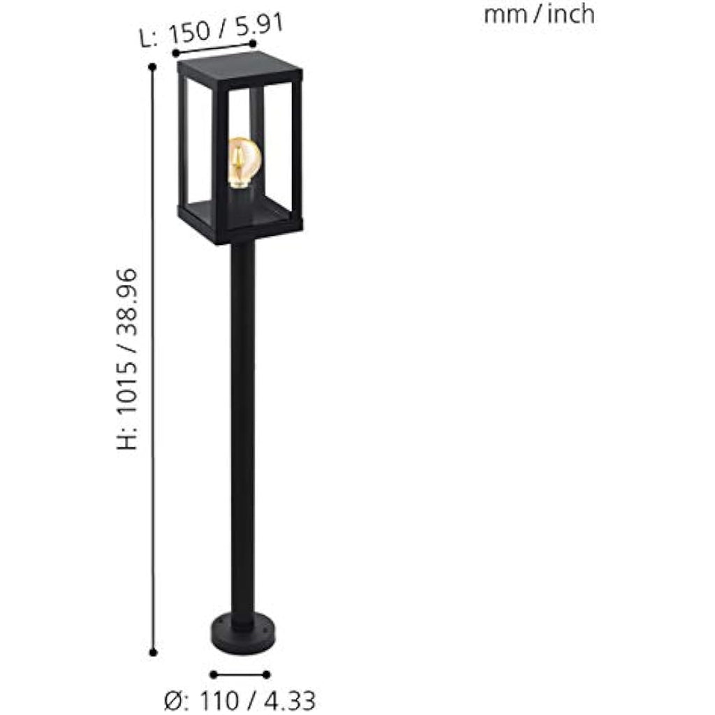 Eglo Alamonte 1 Outdoor Lamppost - Black Steel & Glass Garden Light