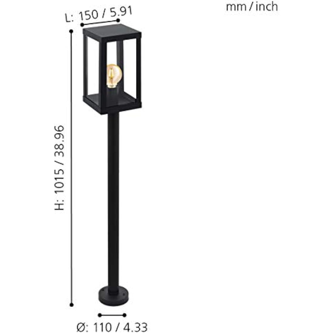 Eglo Alamonte 1 Outdoor Lamppost - Black Steel & Glass Garden Light
