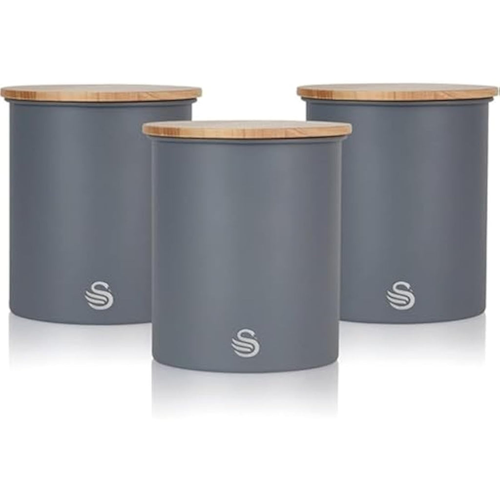 Swan Nordic Set of 3 Tea Coffee Sugar Canisters | Slate Grey & Bamboo
