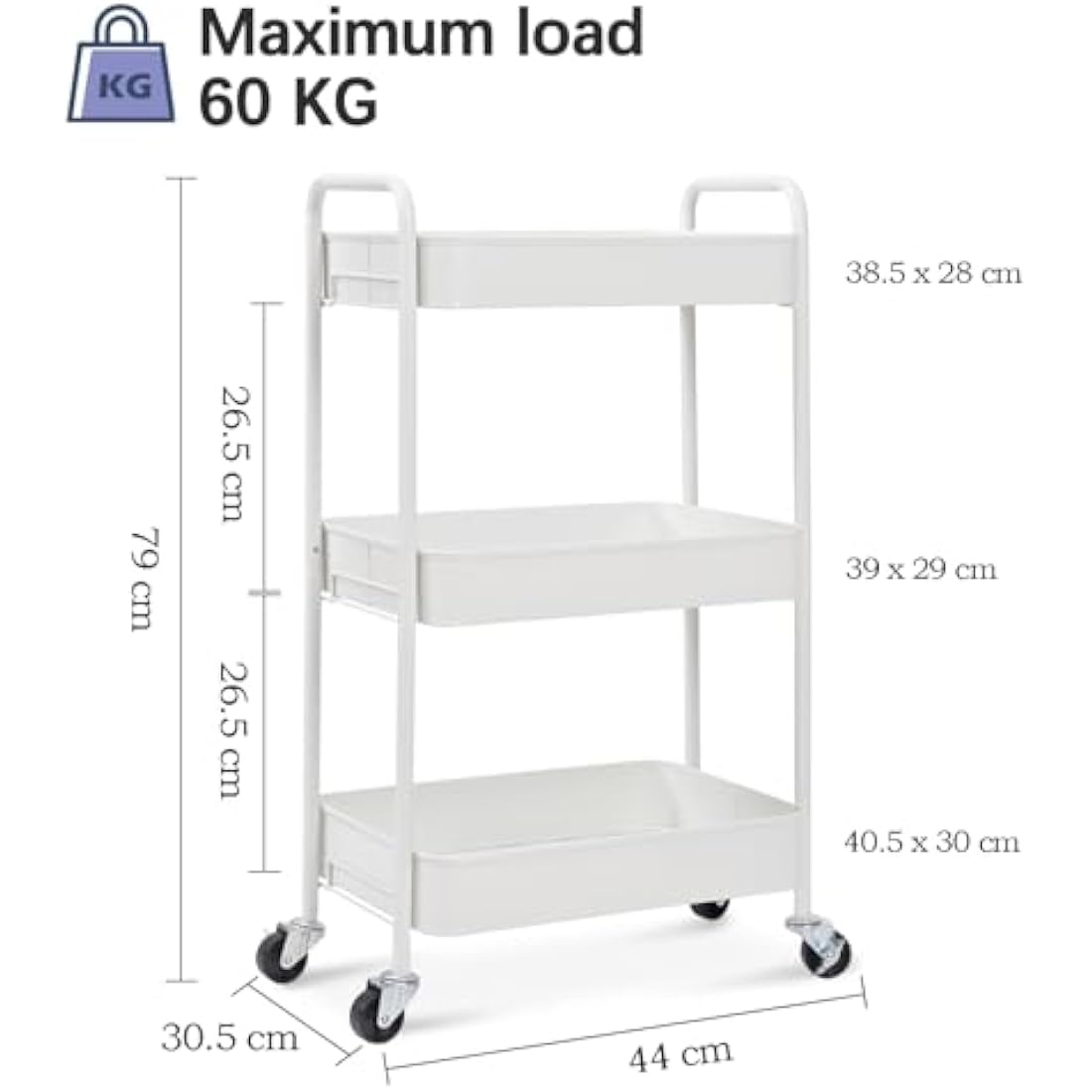 KINGRACK 3-Tier Metal Rolling Utility Cart | Tool-Free Storage Trolley
