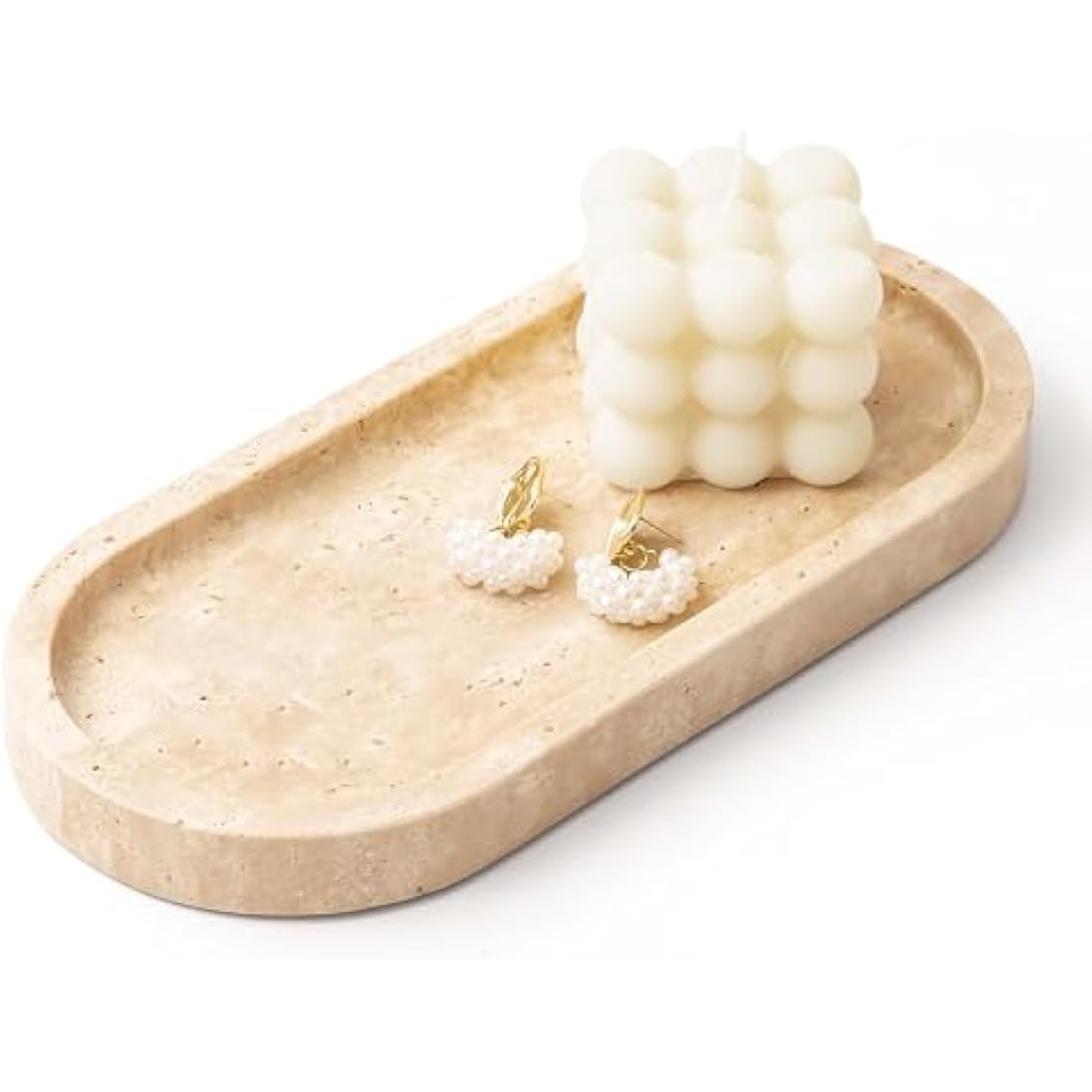WORHE Natural Travertine Stone Tray – Oval Marble Vanity Organizer