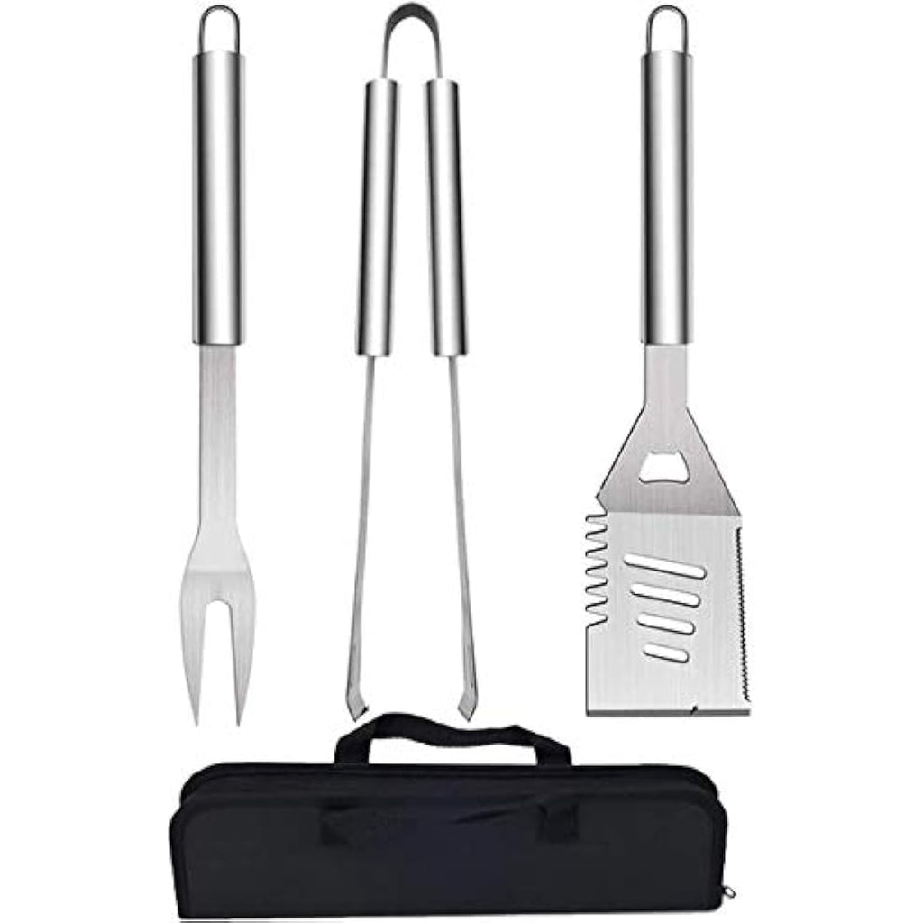 3-Piece Stainless Steel BBQ Grill Tool Set with Storage Bag