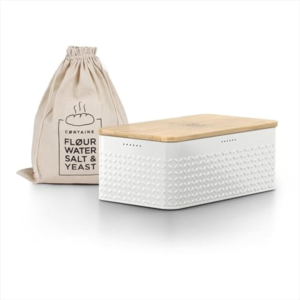 LARS NYSØM Metal Bread Bin with Bamboo Cutting Board Lid - Pure White