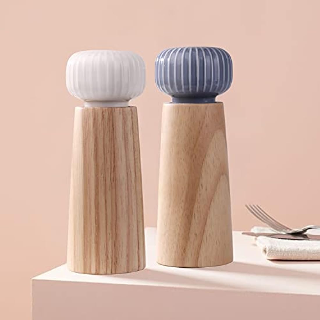 HAIPUSEN Wood and Ceramic Salt and Pepper Mill Set with Tray - 17.5cm