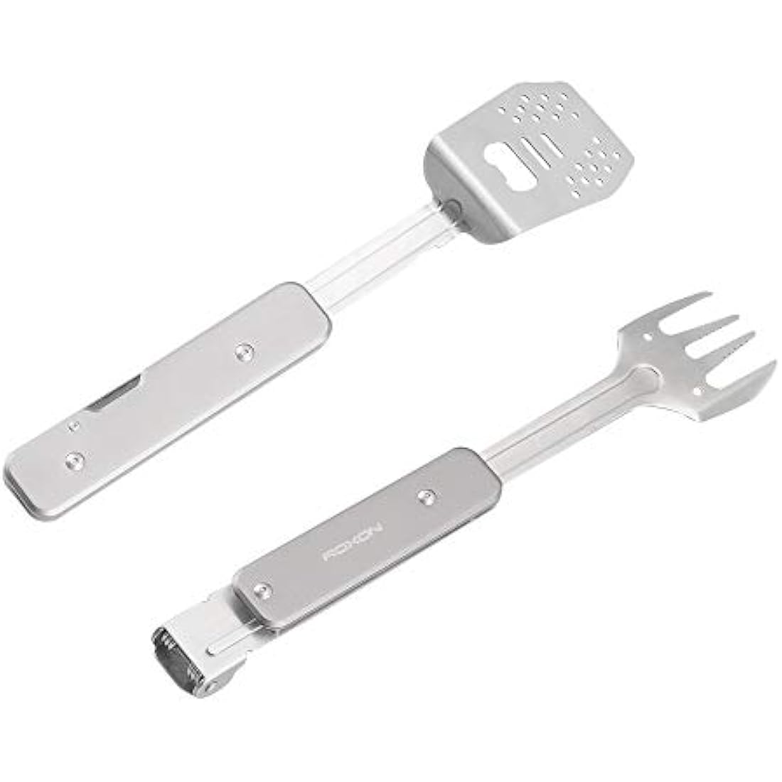ROXON 4-in-1 BBQ Tool Set | Stainless Steel Spatula, Fork & Tongs – Grey