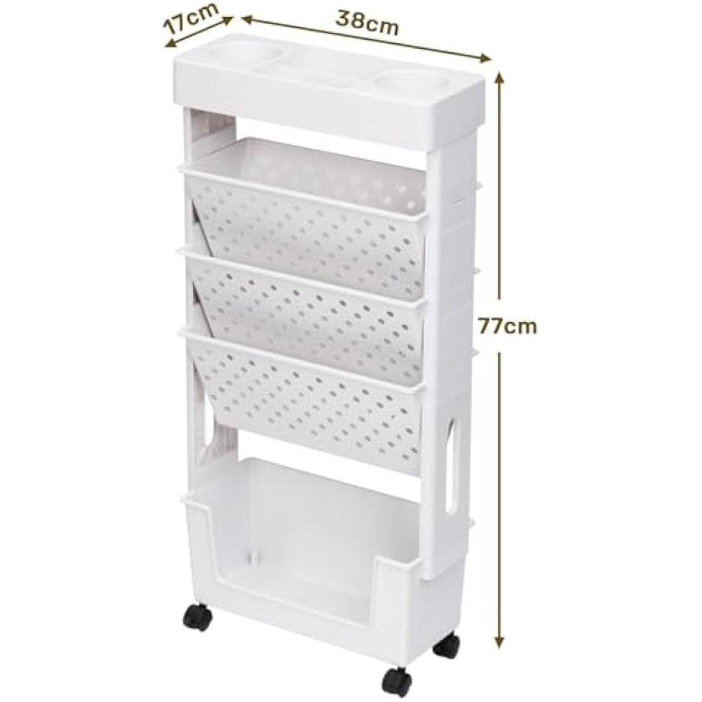 DOEWORKS 5-Tier Mobile Bookshelf – Slim Rolling Storage Trolley, White