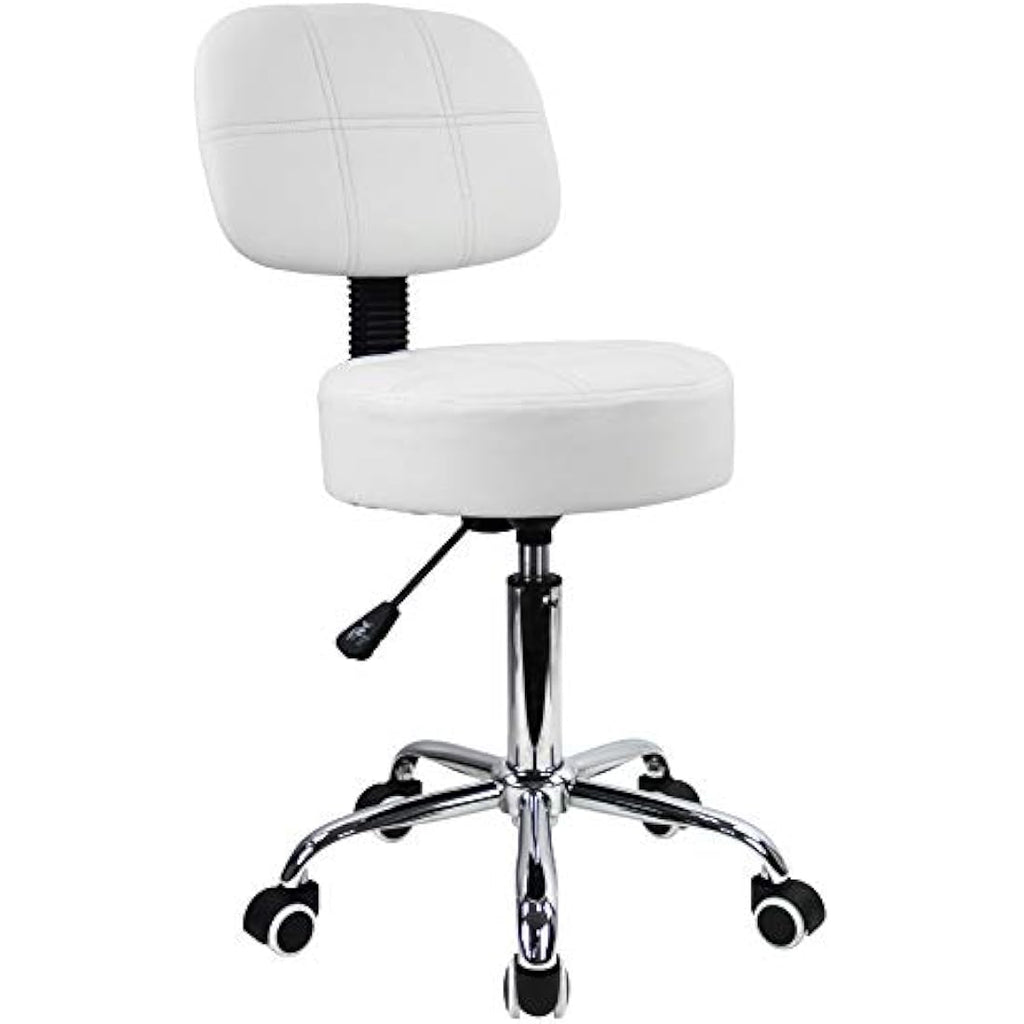 KKTONER Round Rolling Stool with Back - White PU Leather Swivel Chair